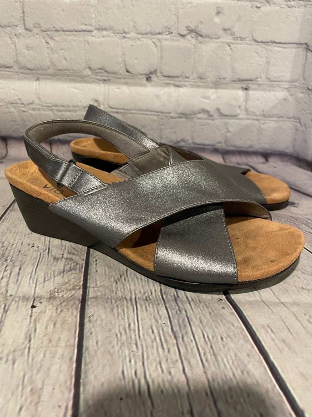 Vionic Metallic Gray Crisscross Slingback Wedge Sandals